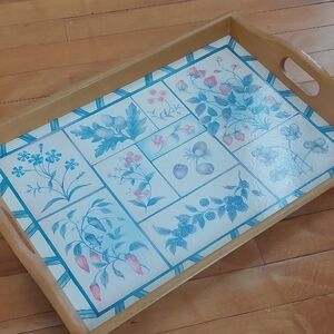 Vintage Wood Serving Tray | Blue Botanical Fruit Print Strawberry